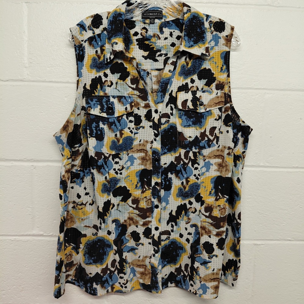 ELEMENTZ Women 3X Plus Sleeveless Button Up Blouse Blue Yellow Brown Semi Sheer